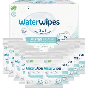 imageWaterWipes Sensitive On The Go Wipes 3In1 Cleans Cares Protects 999 Water Unscented ampamp Hypoallergenic Wet Wipes 224 Count 8 Packs10 Count Pack of 10