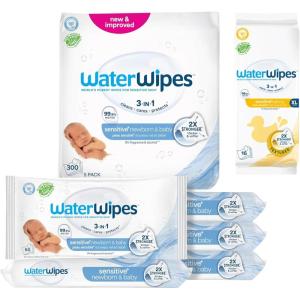 imageWaterWipes Bundle Original 300 Count 5 packs ampamp XL Bathing Wipes 16 Count 1 pack PlasticFree 999 Water Based Wipes Unscented Hypoallergenic for Sensitive Skin Packaging May Vary